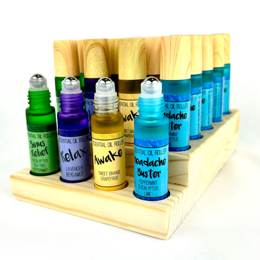 Essential Oil Rollers with wood display